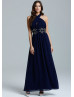 Navy Blue Chiffon Beads Halter Neckline Long Prom Dress 